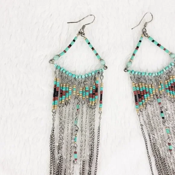Beaded Earrings Boho Hand Crafted Chain Beads Fringe Long Dangle Turquoise - Picture 3 of 4